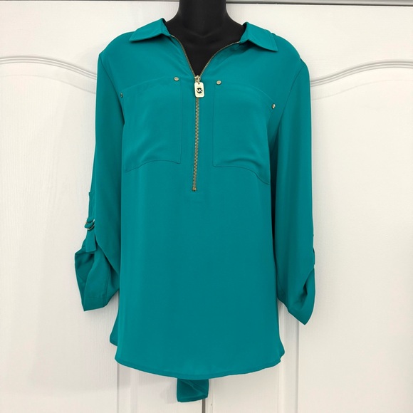 Michael Kors Teal Blue Green Zip Blouse Gold Detail Size Large - Picture 2 of 7